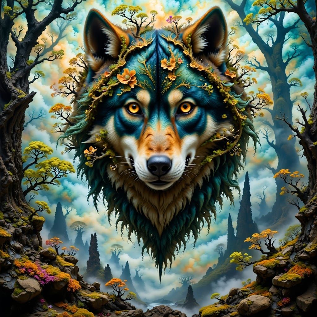 Mystical Wolf Head in Enchanted Forest