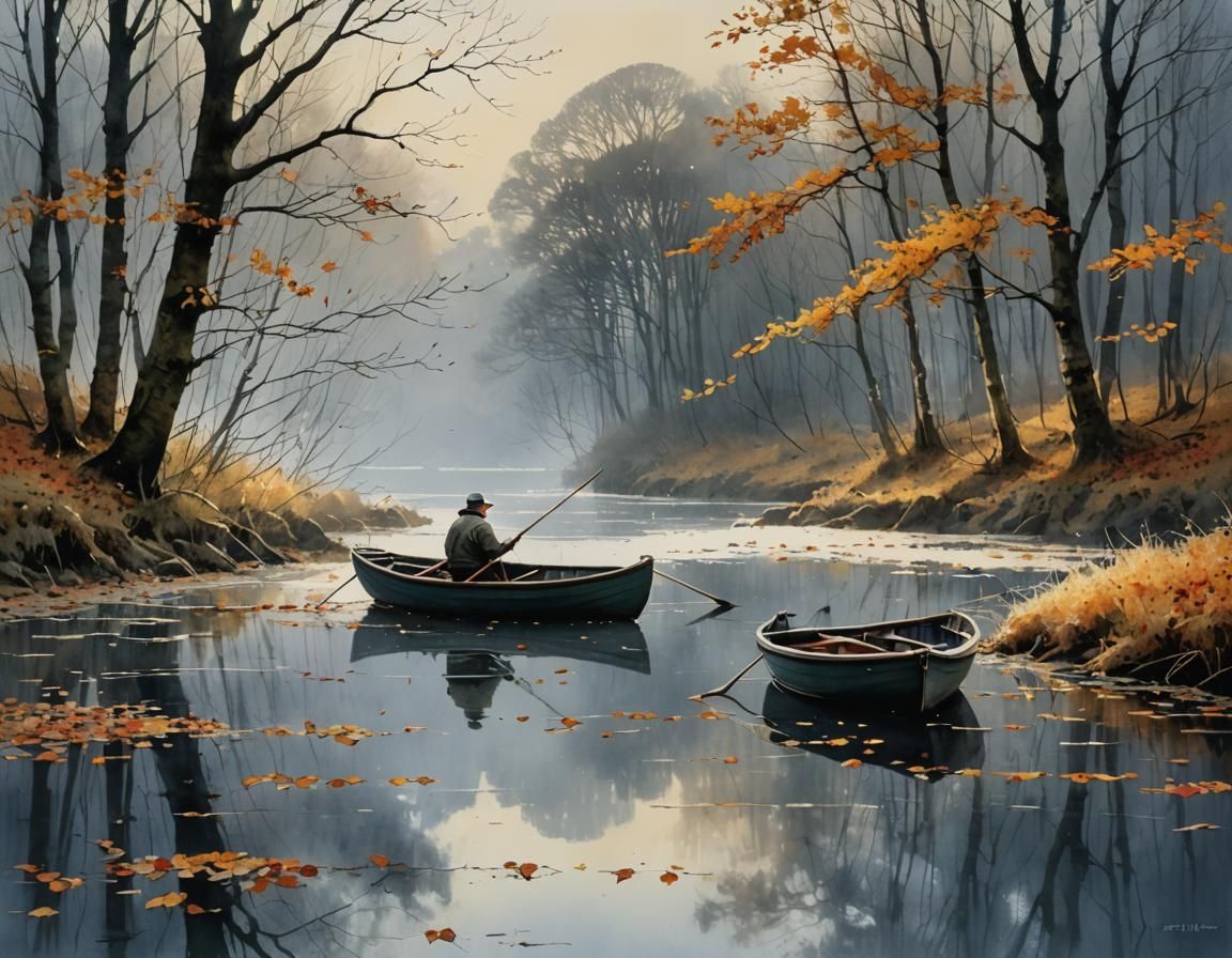 Autumn Leaves Fall in Frosty Landscape with Lone Angler