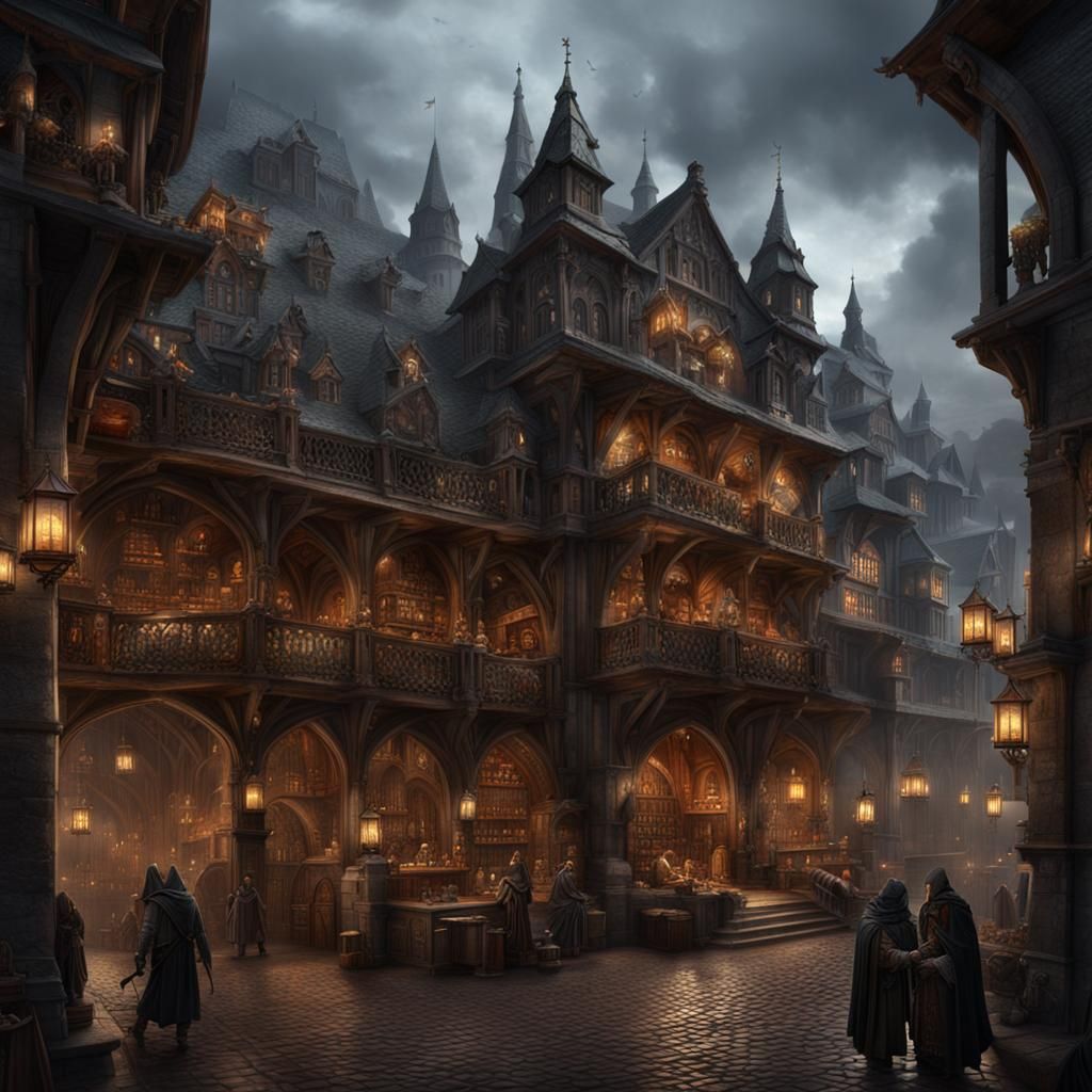 Busy Medieval Merchants Guild in Dark Fantasy Style