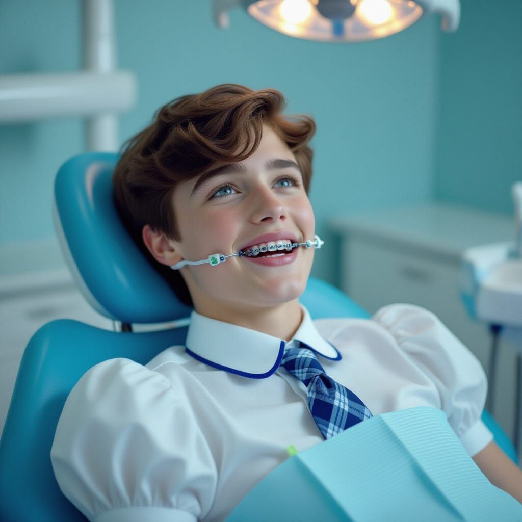 Man in Schoolgirl Uniform at Dentist, Cinematic Film Still