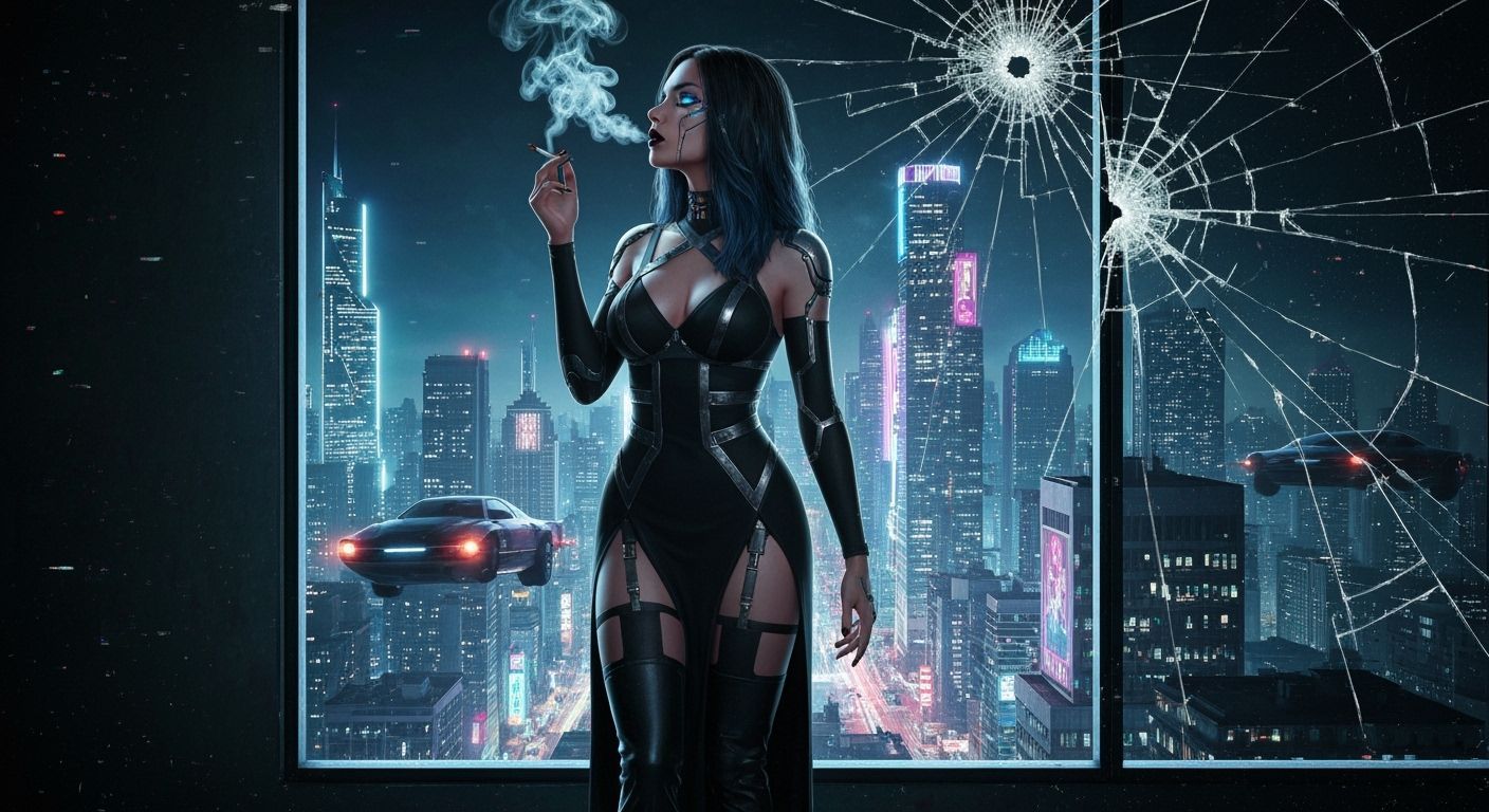 Cyberpunk Woman Overlooking Dystopian Cityscape