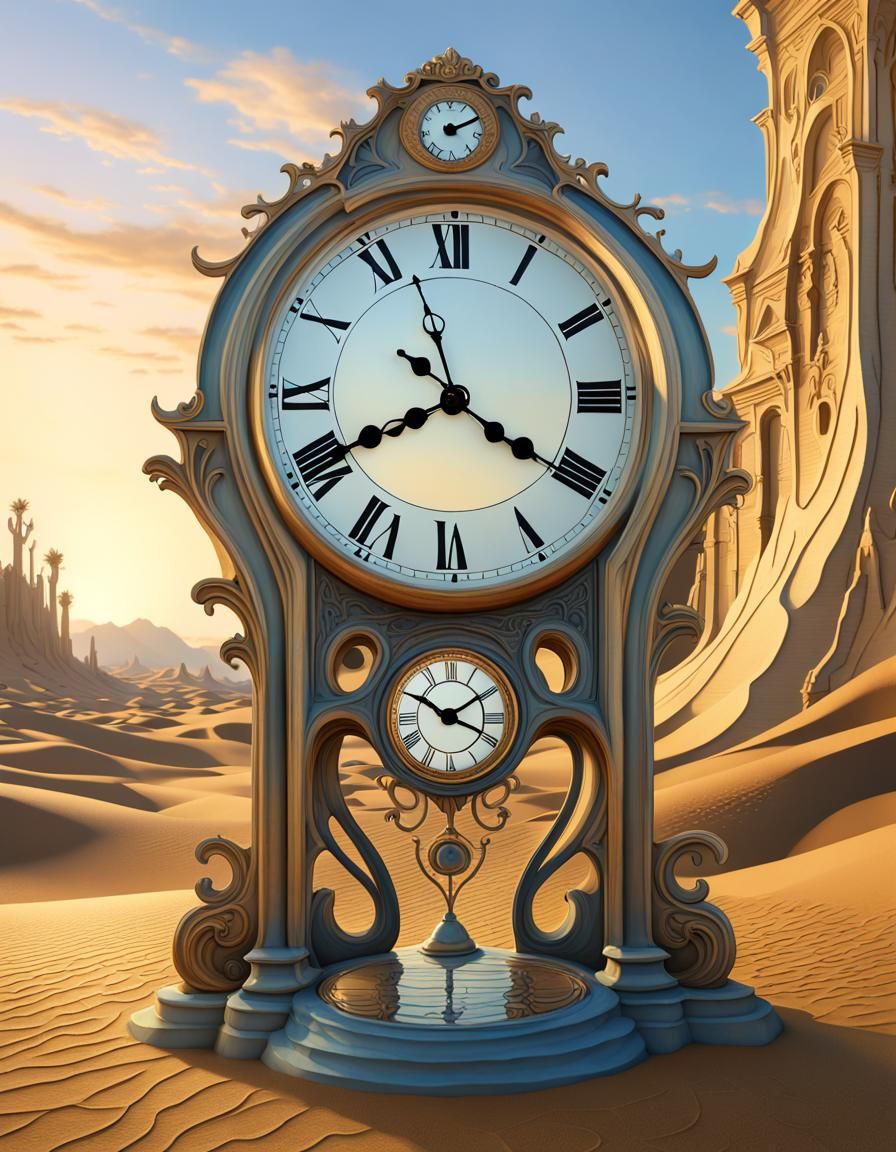 Surreal Desert Clock in Art Nouveau Rococo Style