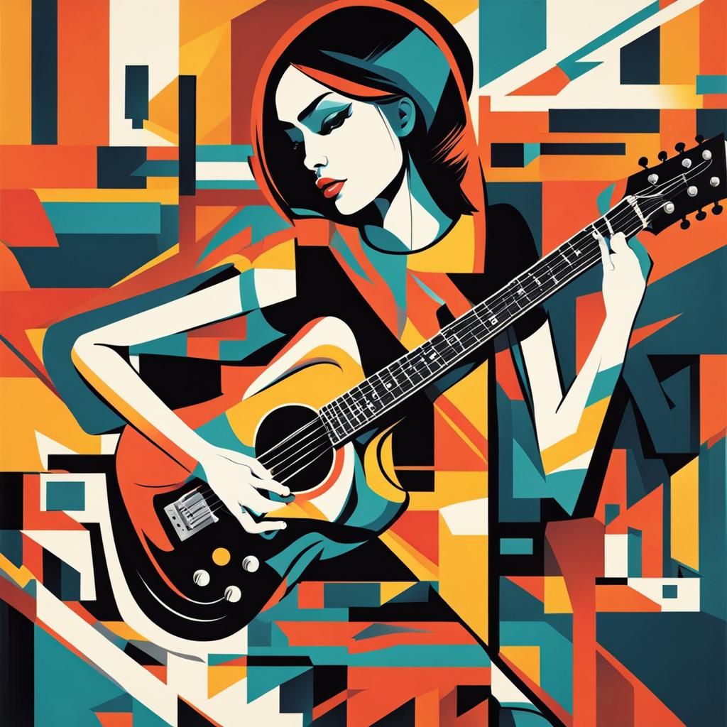 Electric Guitar Girl: Abstract Art in Complementary Colors