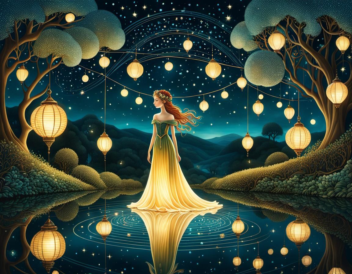 Magical Stargazing Illustration with Fairy Lights