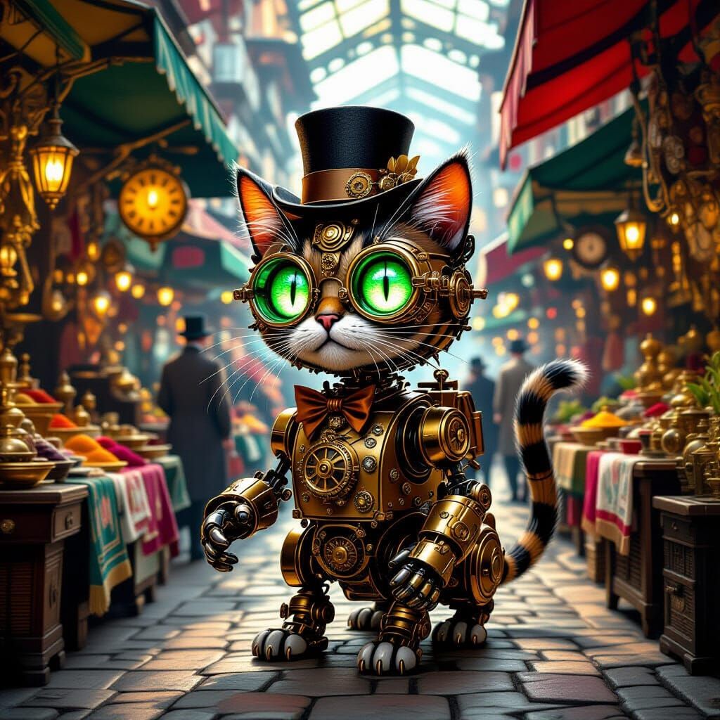 Steampunk Cat in Victorian Marketplace Oil Painting