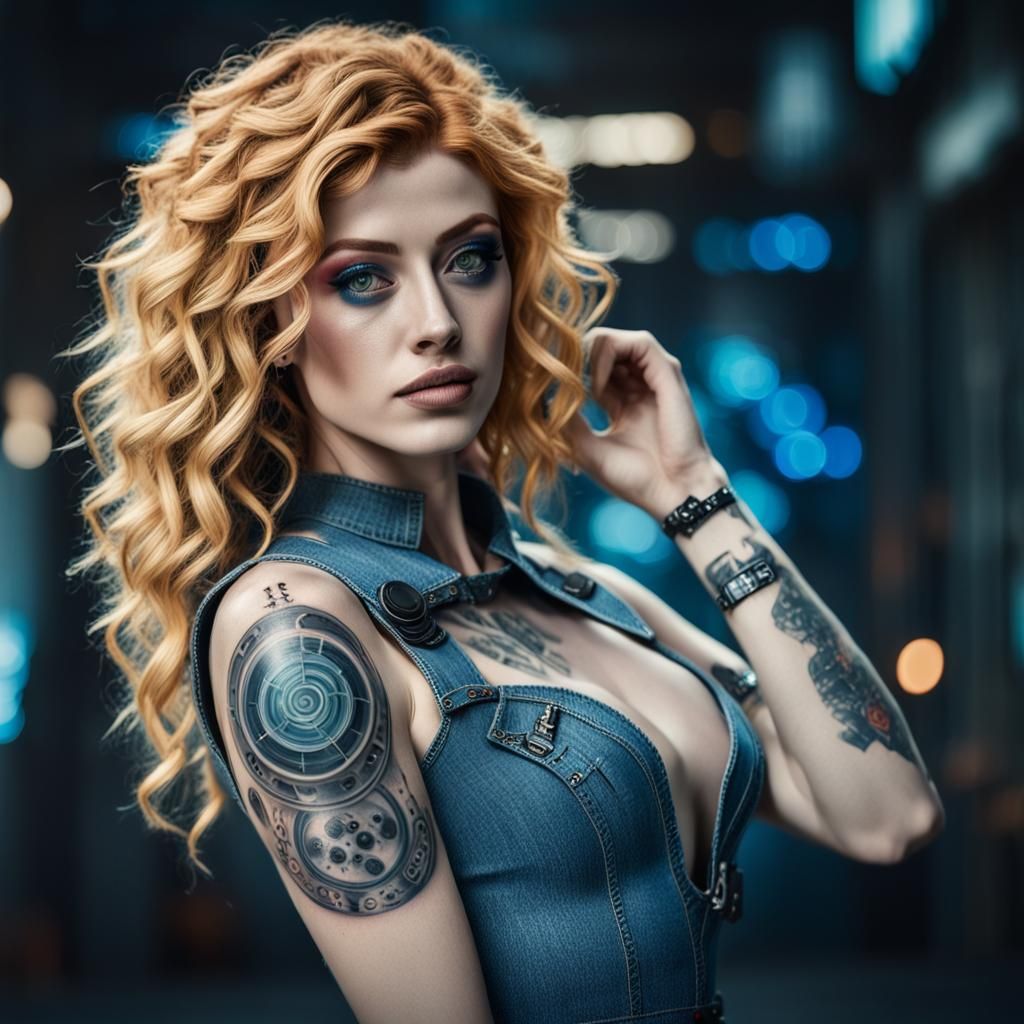 Cyberpunk Portrait: Blonde Woman with Tattoos and Implants