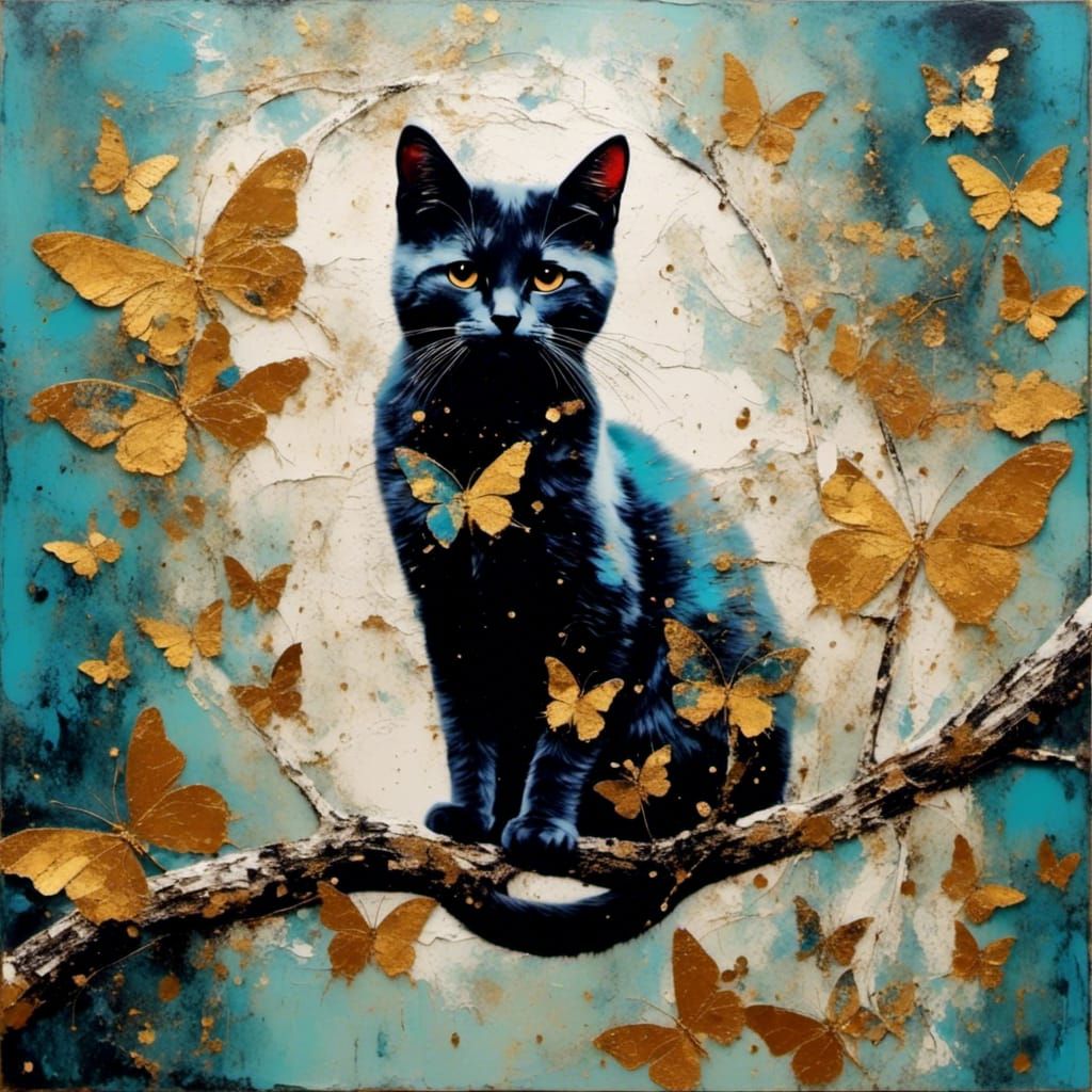 Surreal Cat Collage on Branch