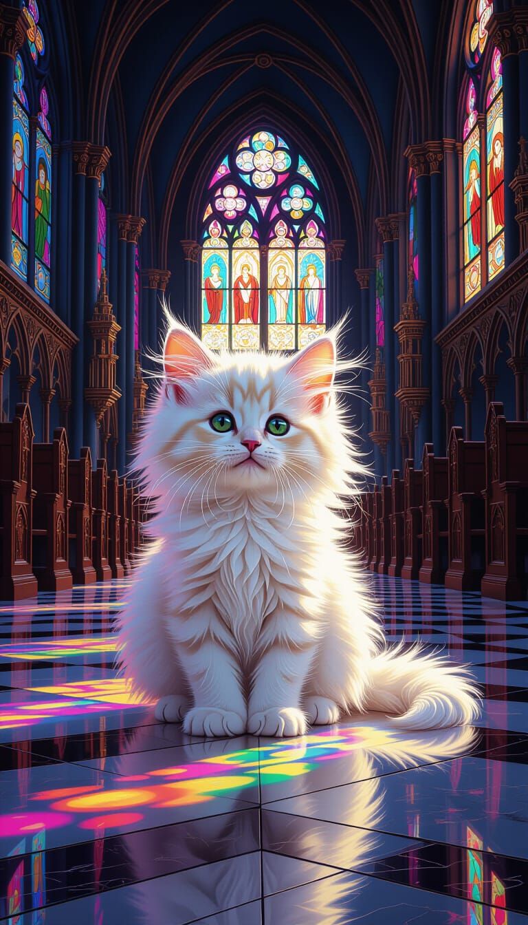 Fluffy Kitten in Majestic Gothic Cathedral