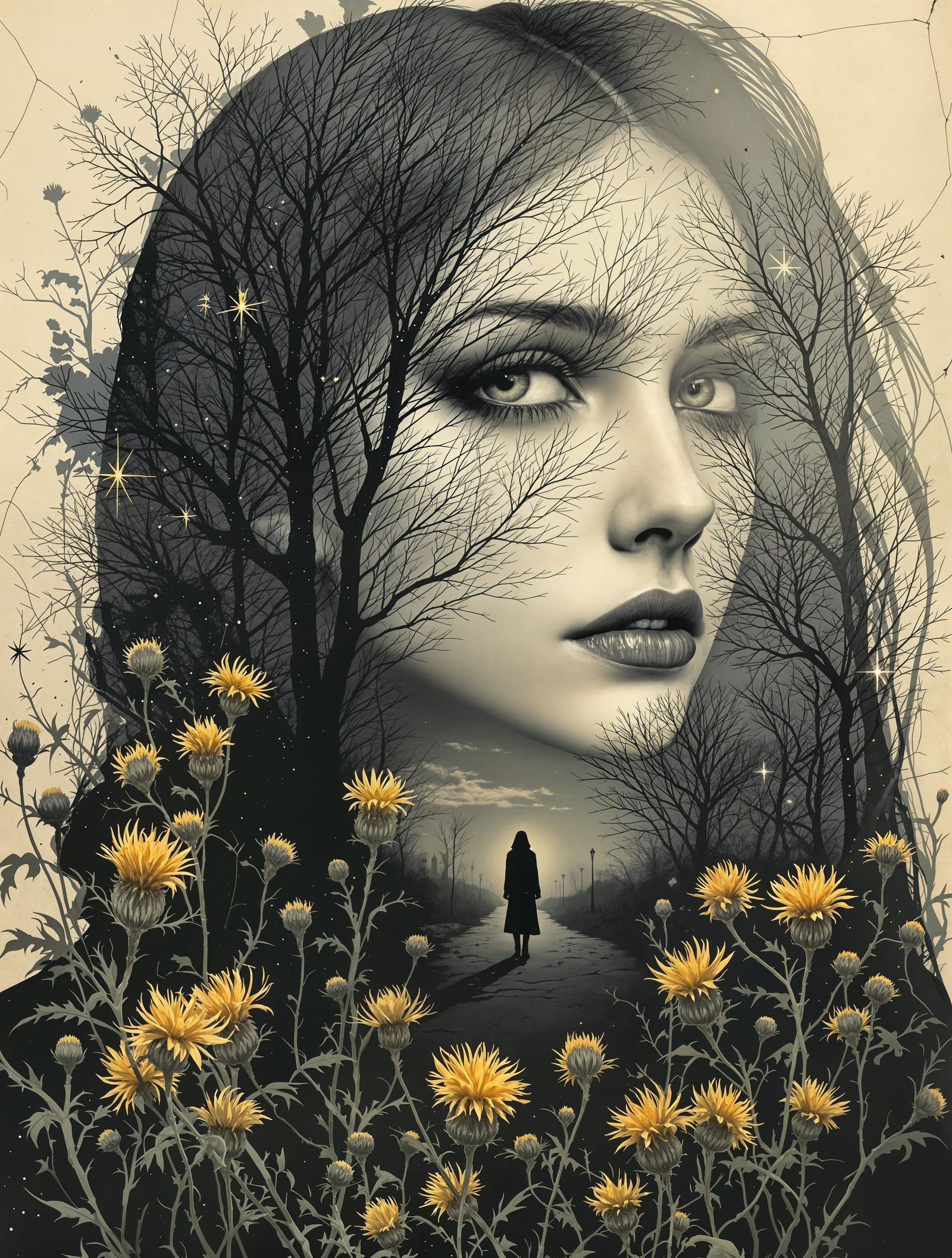 Symmetrical Gothic Surrealism Portrait with Thistles