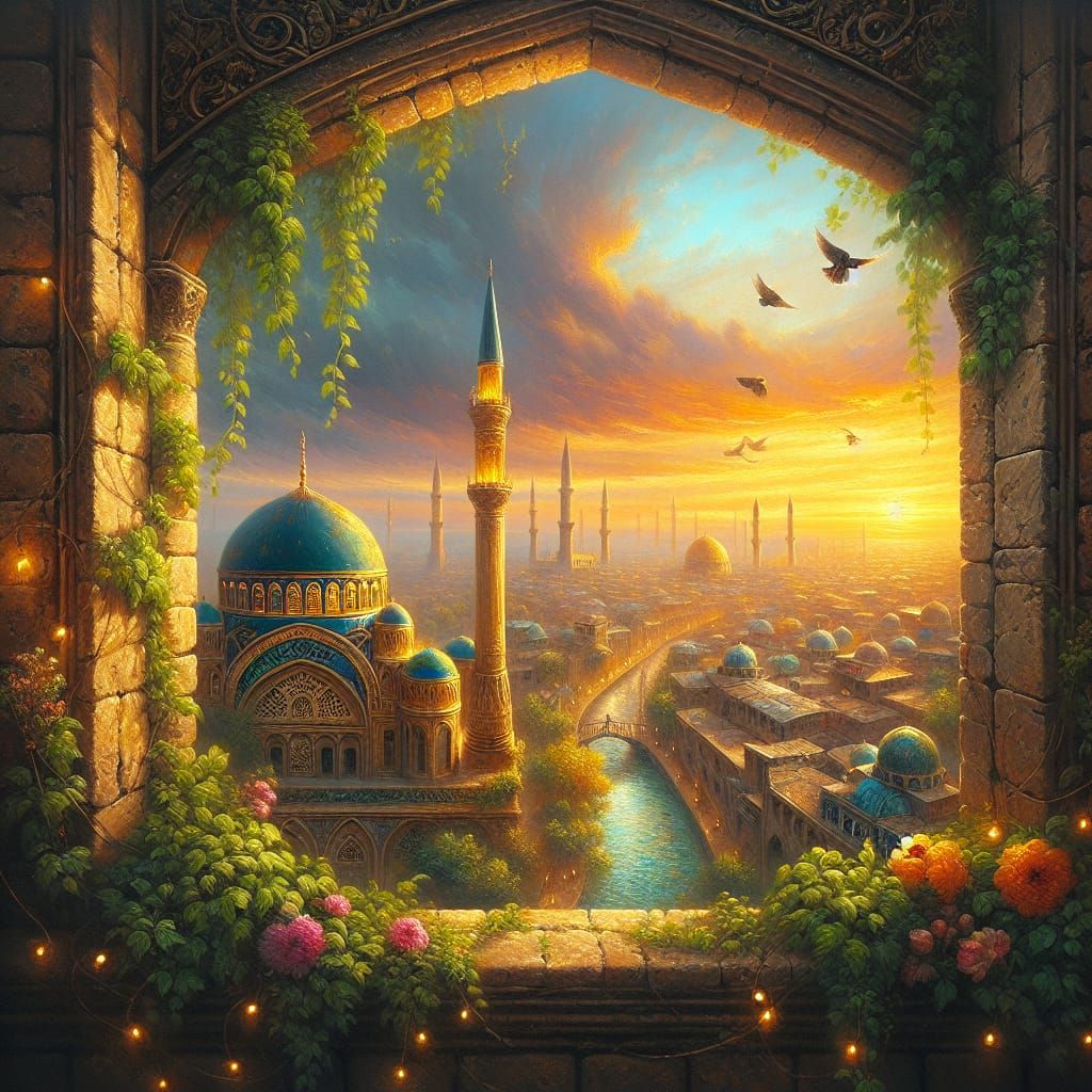 Historic Cityscape at Sunset Through Stone Window