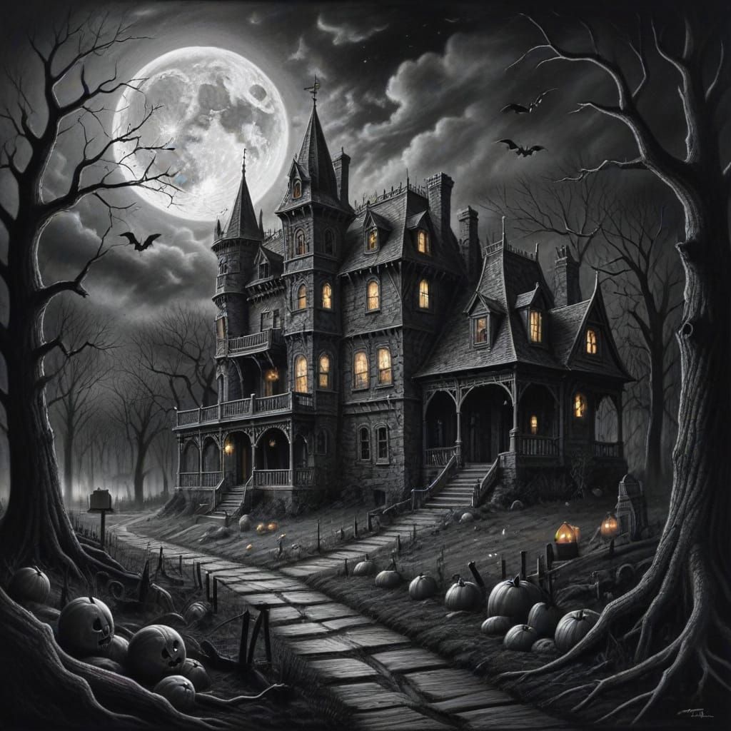 Spooky Night Scene Hyperdetailed Charcoal Drawing