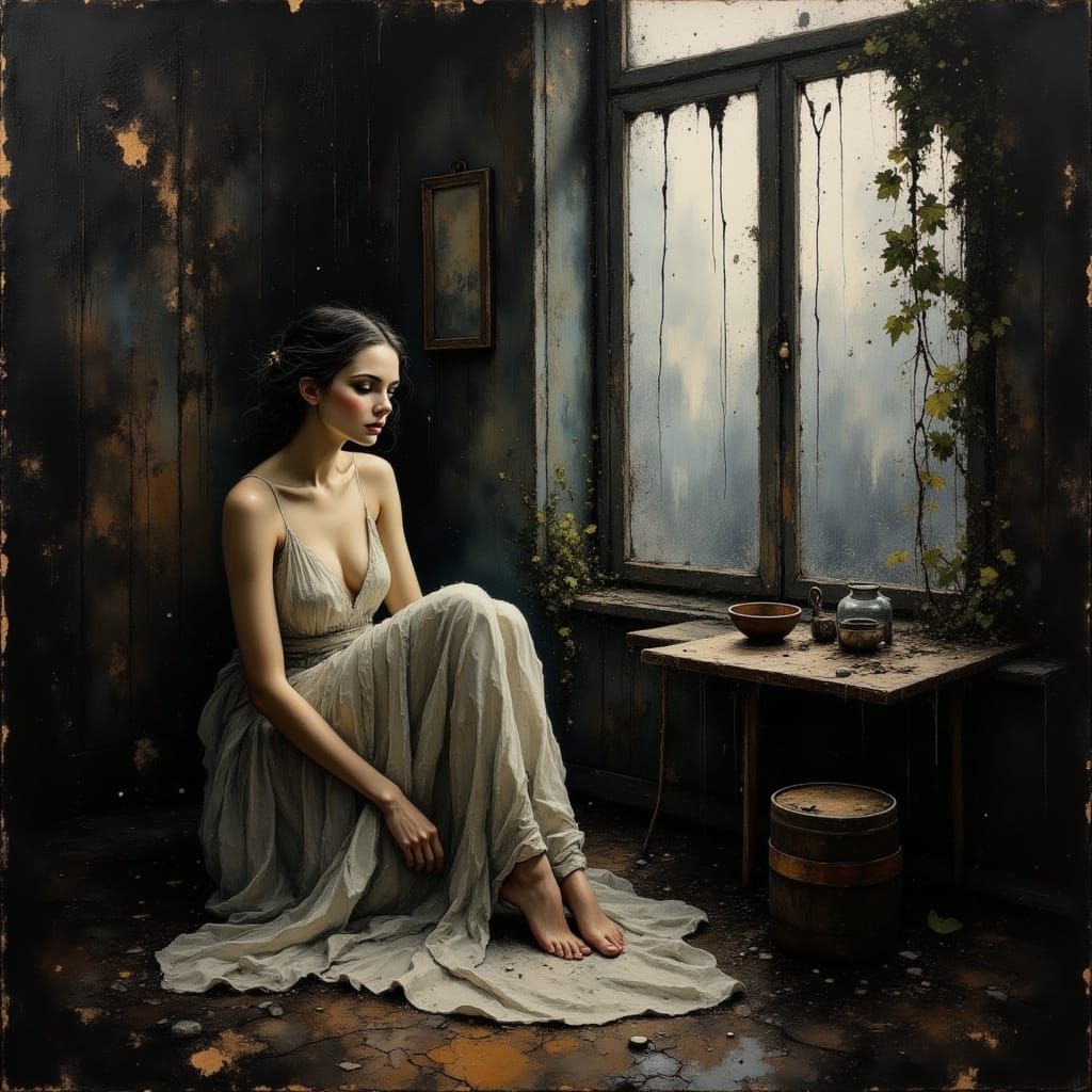 Woman Posing in Dim Art Studio, Moody Oil Painting