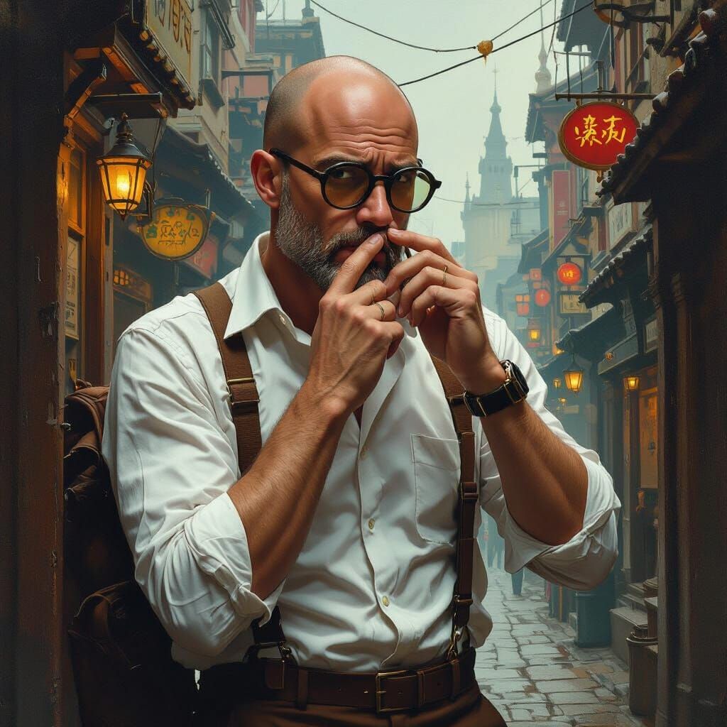 Man Smelling Fingers in Fantasy Matte Painting