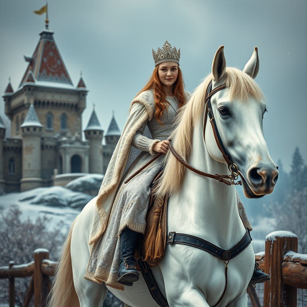 Surreal Winter Princess Rides Majestic Stallion by Castle in...