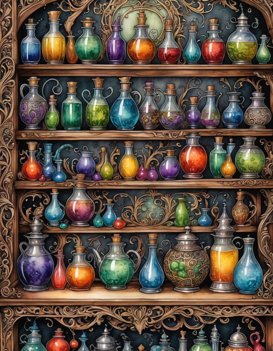 Magical Potions Shelf in Digital Watercolor Style