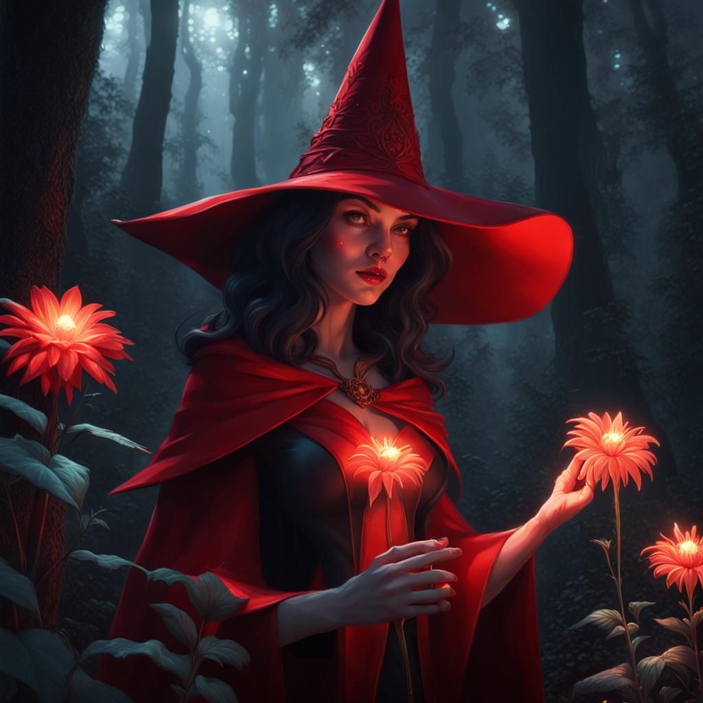 Witch Collecting Magical Flowers in Dark Forest