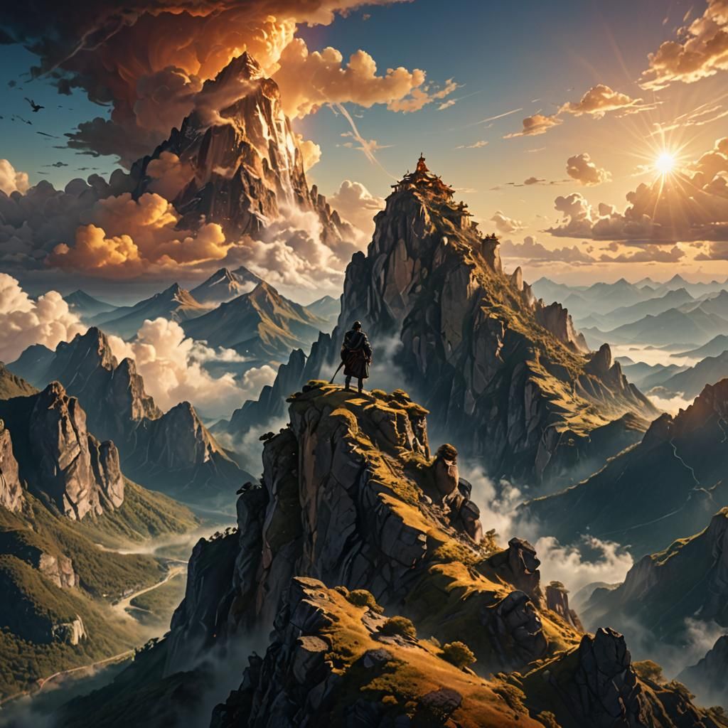 Majestic Figure on Mountain Peak: Digital Matte Painting