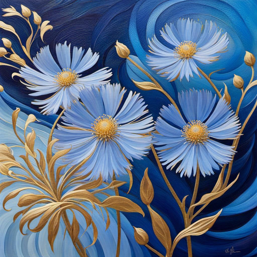 Symbolist Floral Painting: Blue Asters in Art Nouveau Style