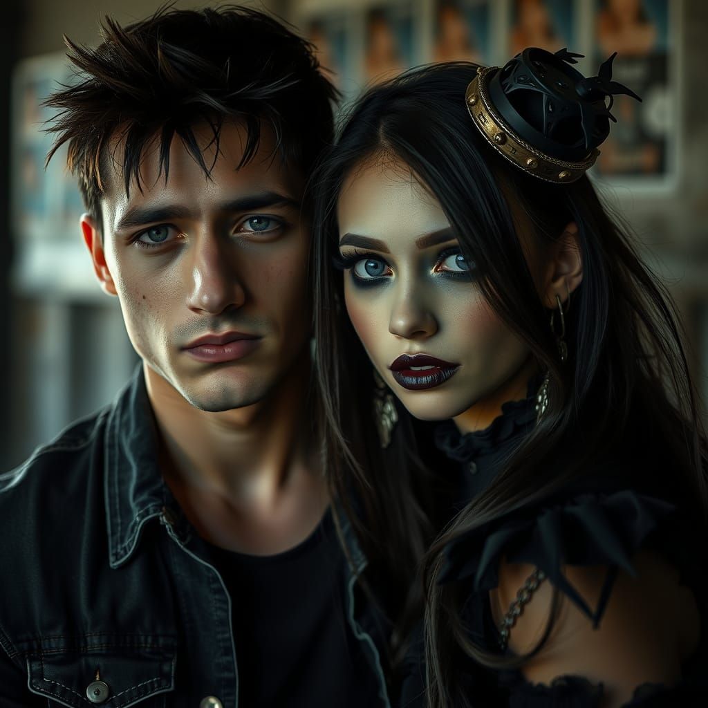 Biker Boy and Goth Girl: Hyper-Realistic Cinematic Portrait