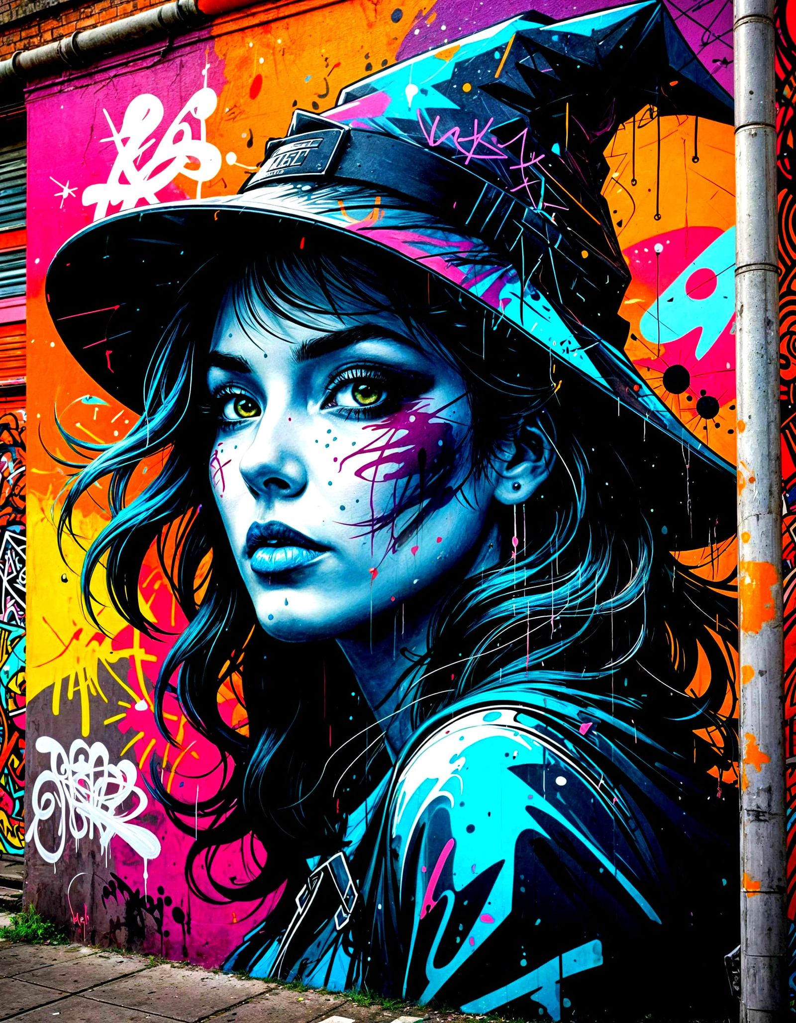 Urban Sorceress Mural in Graffiti and Anime Style
