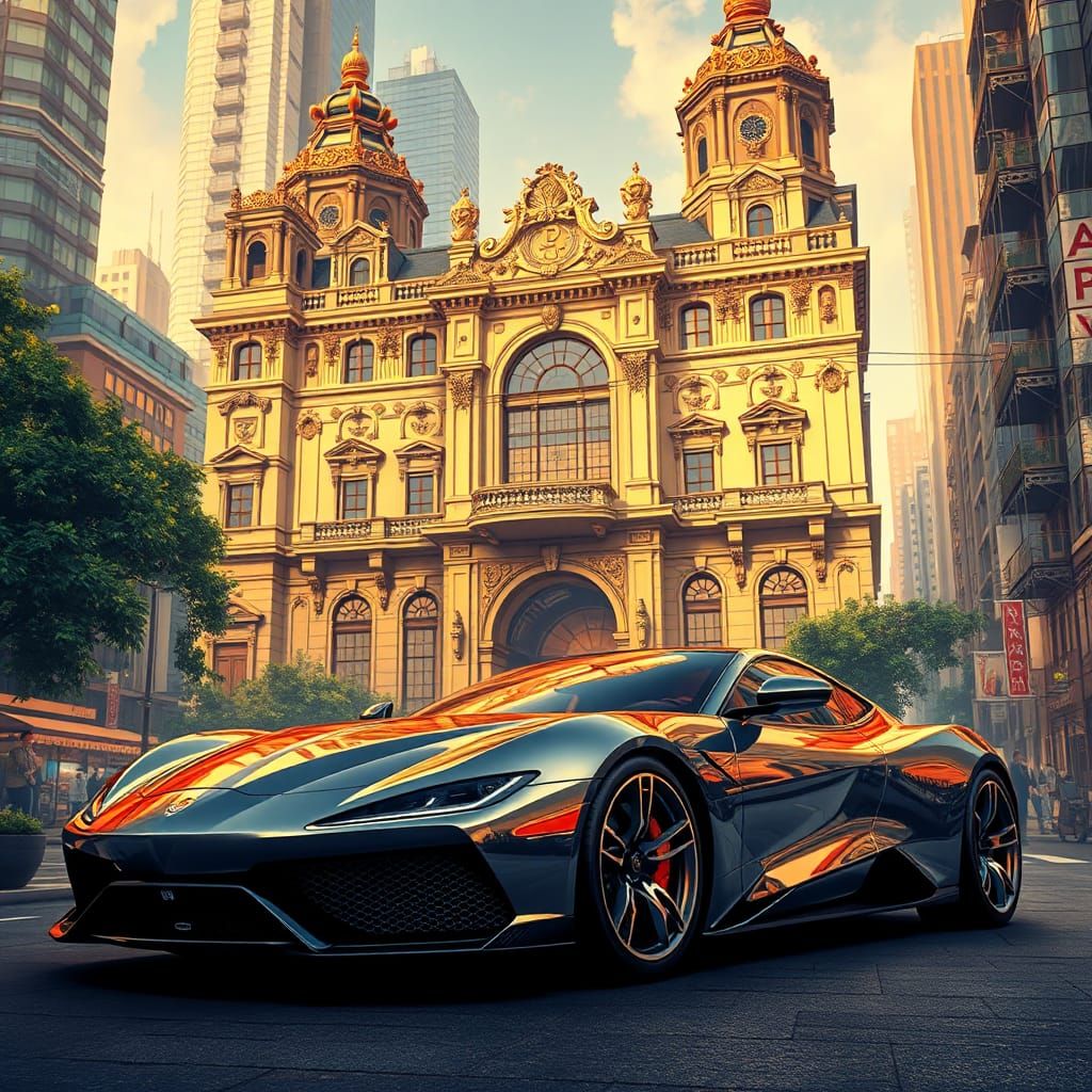 Luxury Car in Futuristic Cityscape