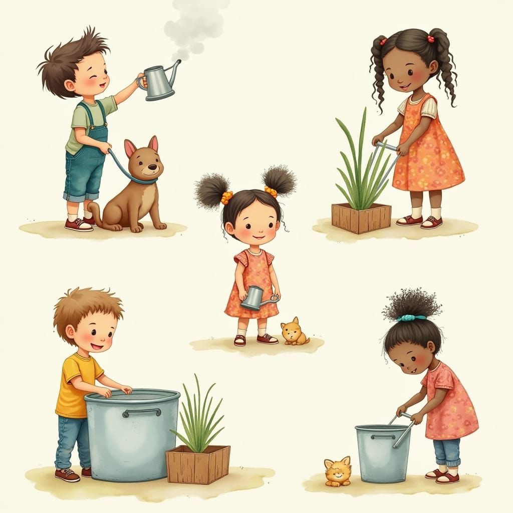 Diverse Children Engage in Household Chores in Whimsical Wat...