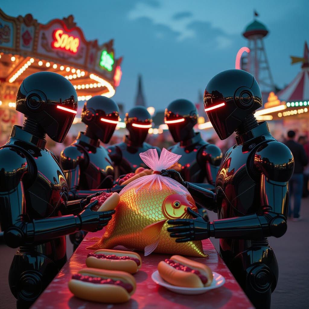 Robots at Funfair Eating Hot Dogs in Futuristic Style