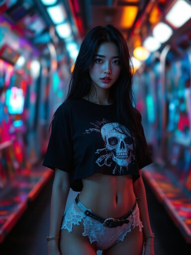 Gorgeous Korean Woman in Dystopian Subway in Cyberpunk Style