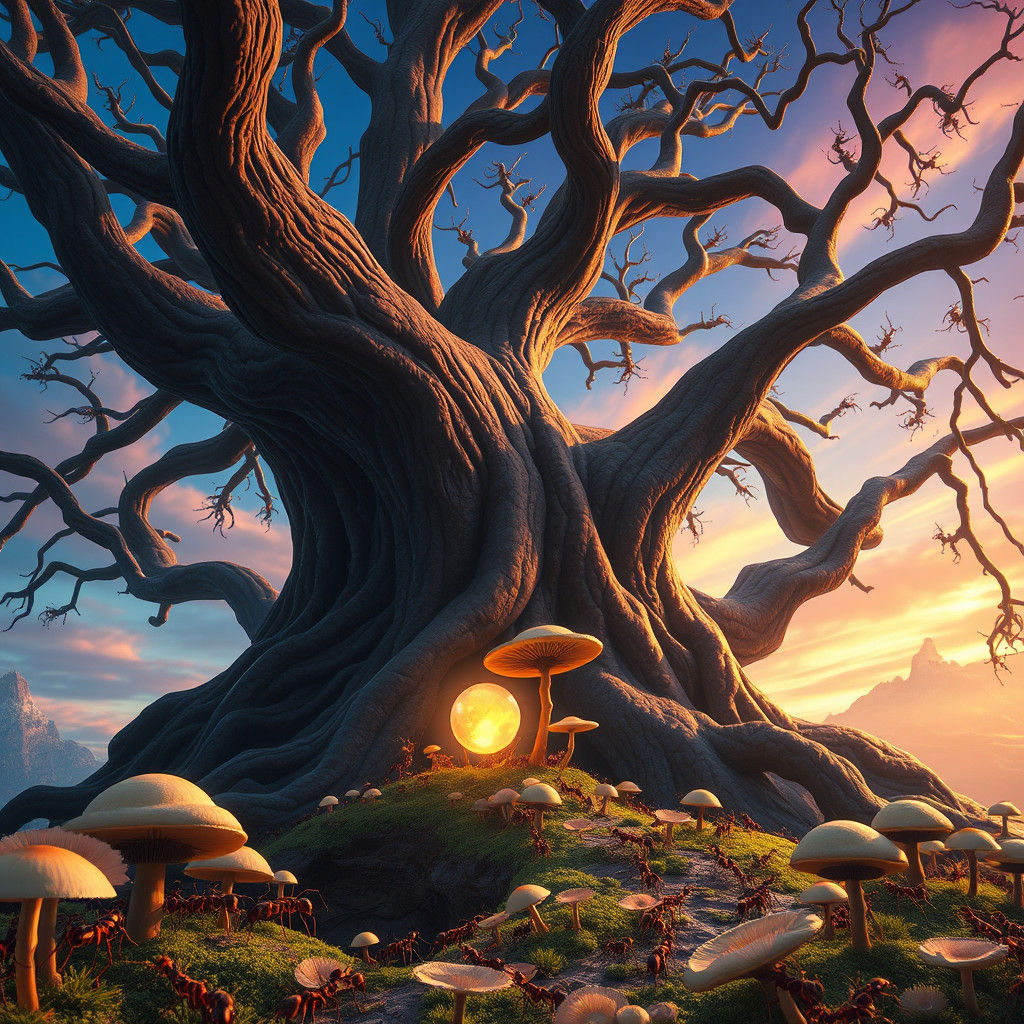 Mystical Tree with Mushrooms and Crystalline Orb