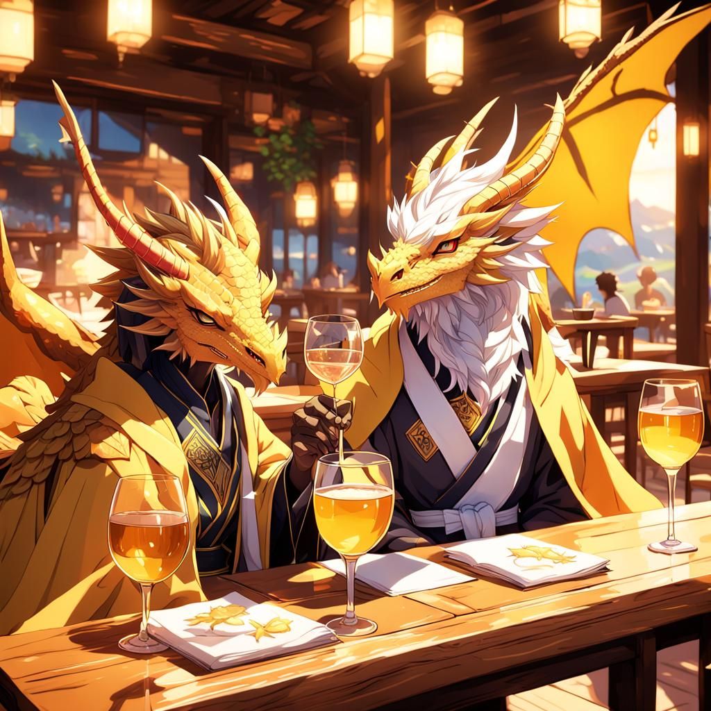 Two dragons are sitting casually at a table inside a cafe.