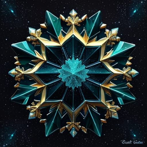 Teal and Gold Snowflake on Dark Blue