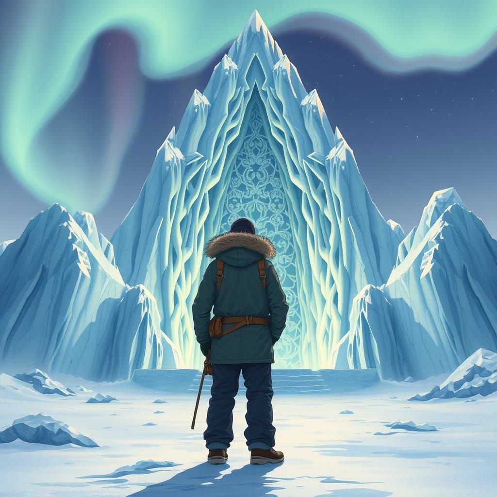 Arctic Explorer and Ice Temple, Miyazaki-Inspired Art