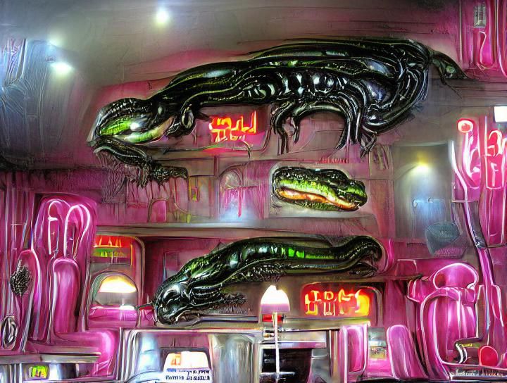 Surreal Neon Salamander Diner in Giger Style