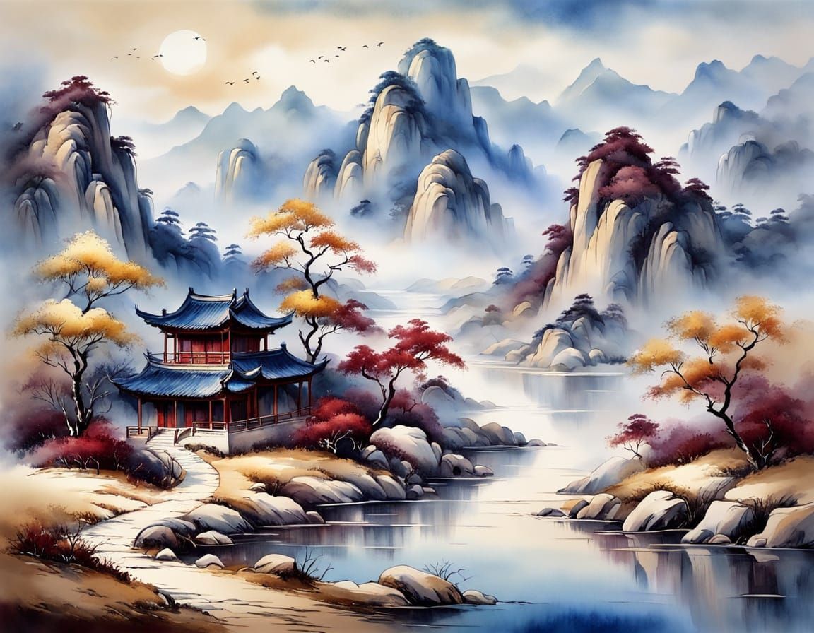 Serene Chinese Landscape Painting with Gold Accents