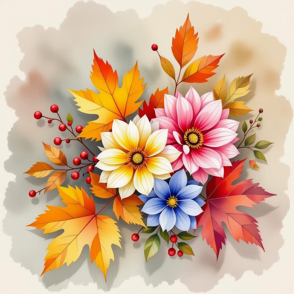 Autumn Still Life Watercolor Painting with Leaves and Flower...