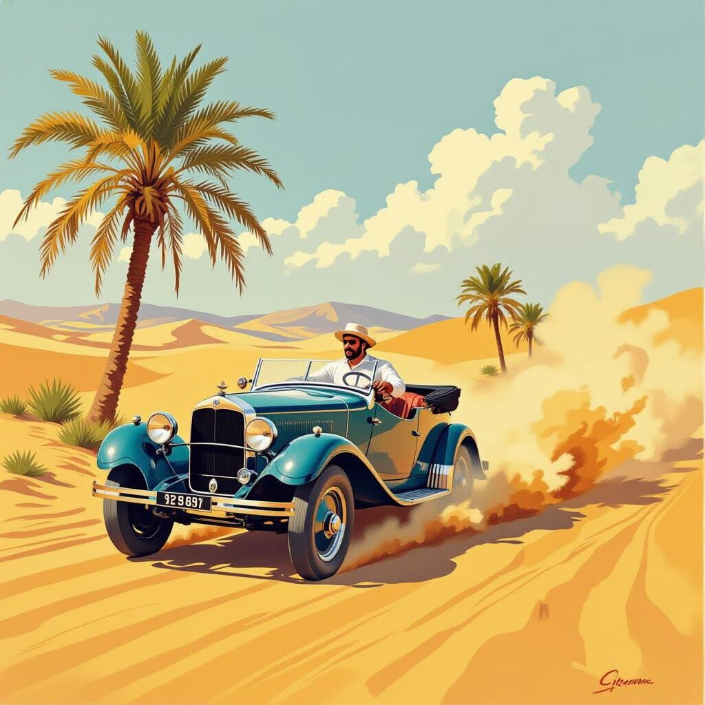 Vintage Car Race Across Tunisian Desert as an Aquarel Painti...