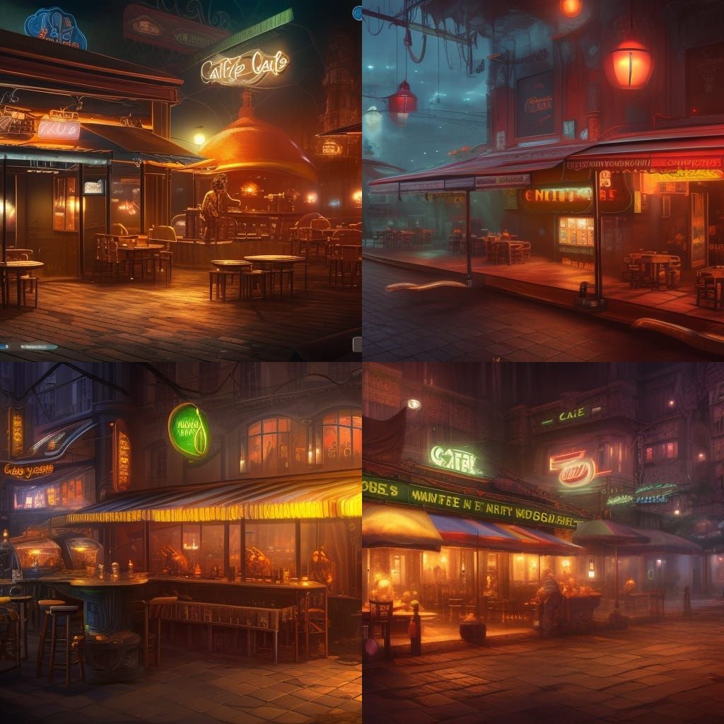 Night Cafe in City: Detailed Matte Painting