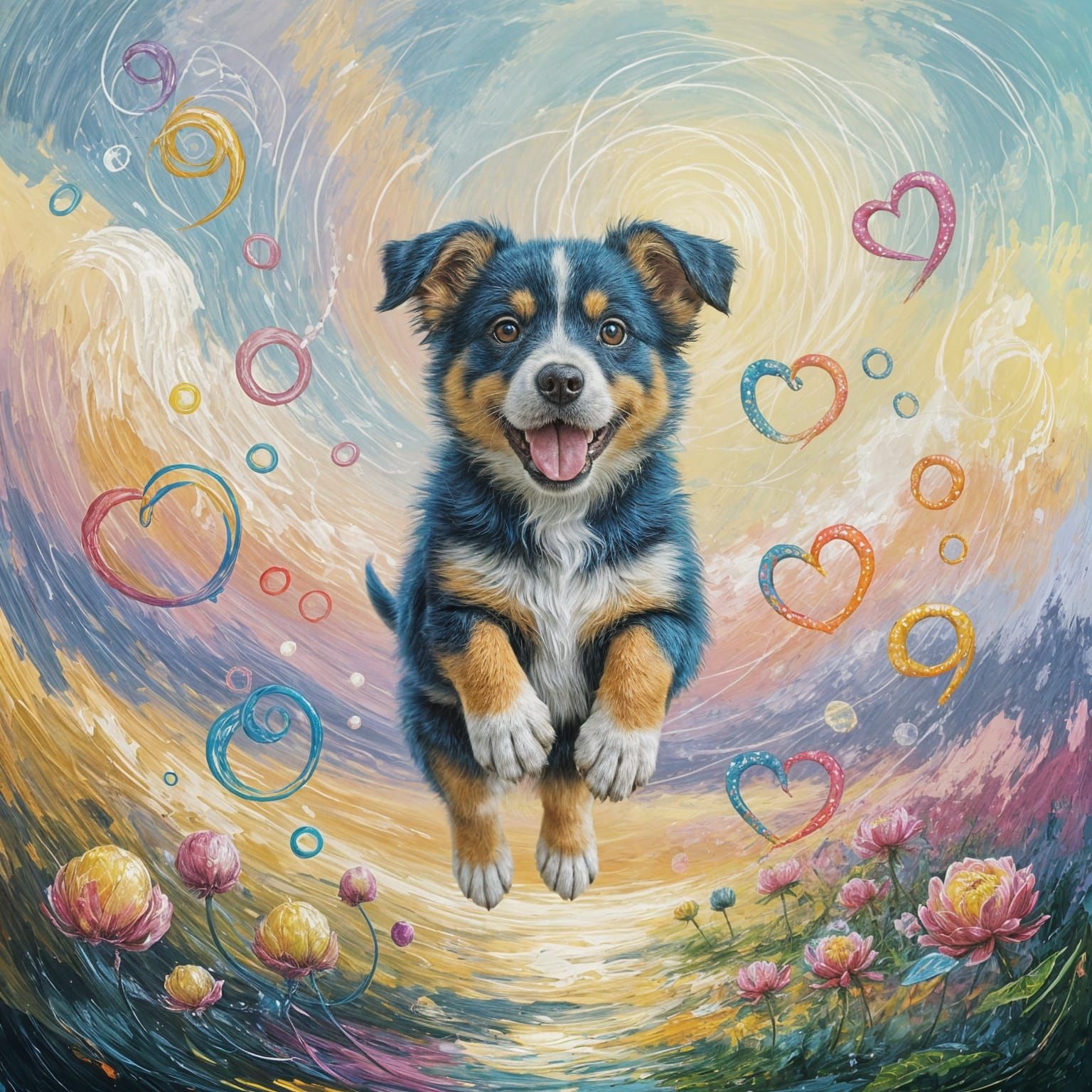 Joyful Puppy Leaps in Surreal Impressionistic Landscape