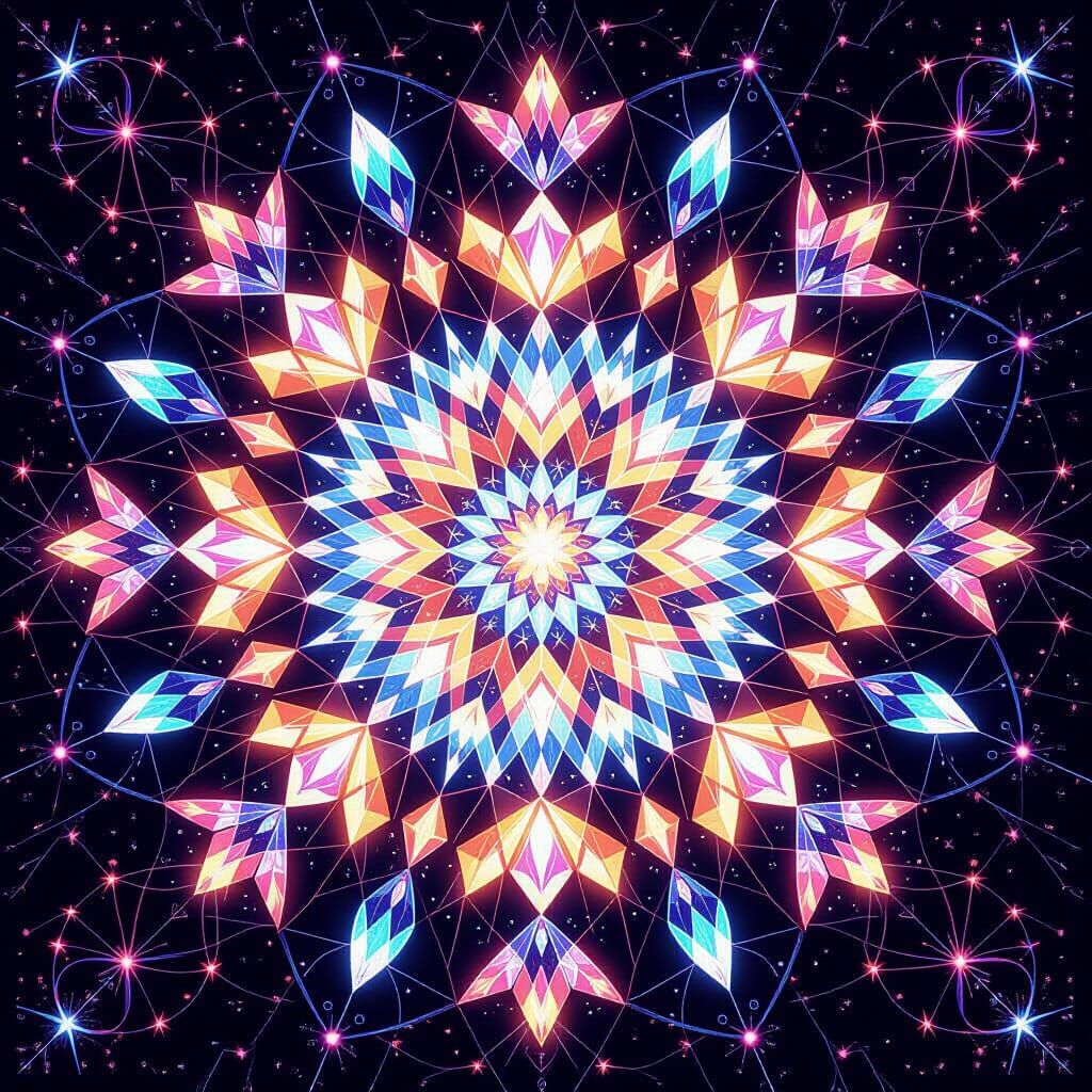 Geometric Mandala of Shimmering Crystals and Glowing Energy