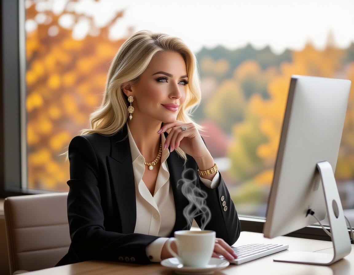 Blonde Woman at Table With Autumn View