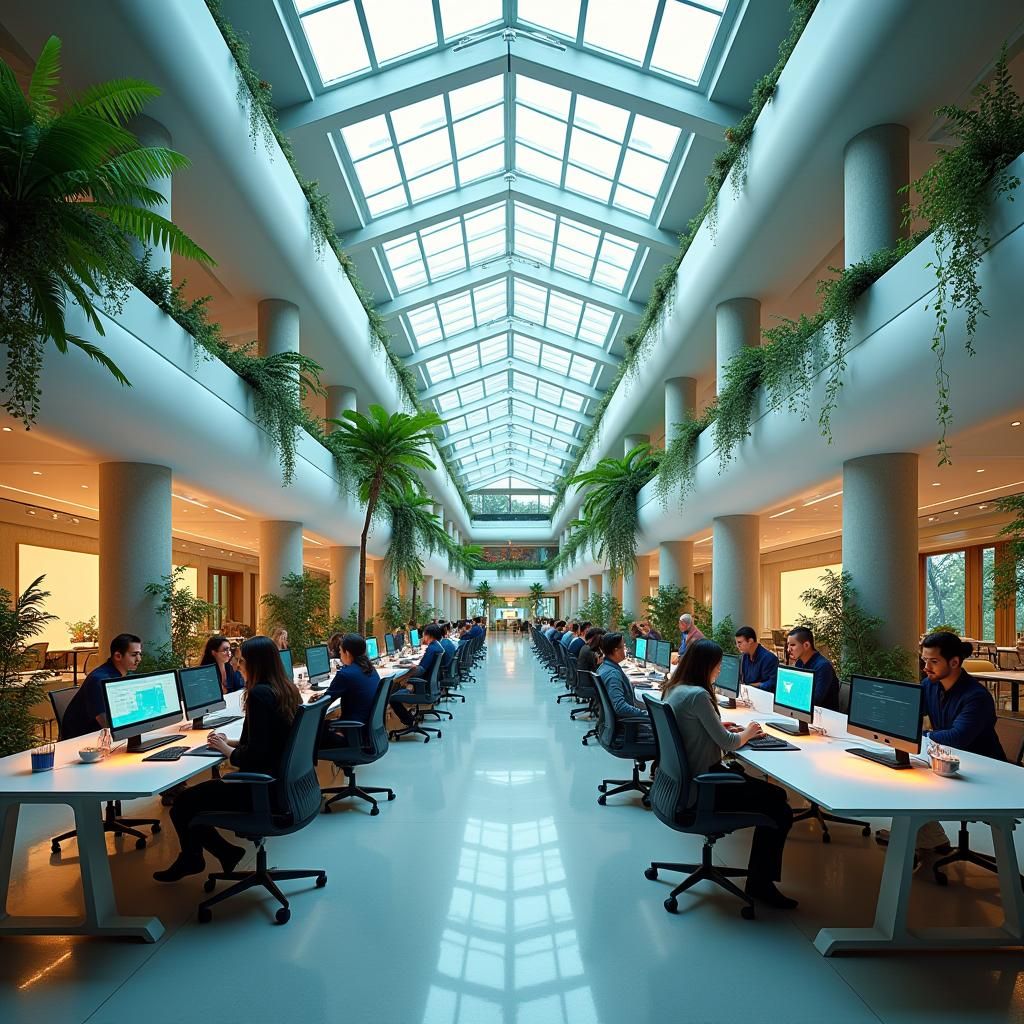 Futuristic Open-Plan Office with Lush Greenery