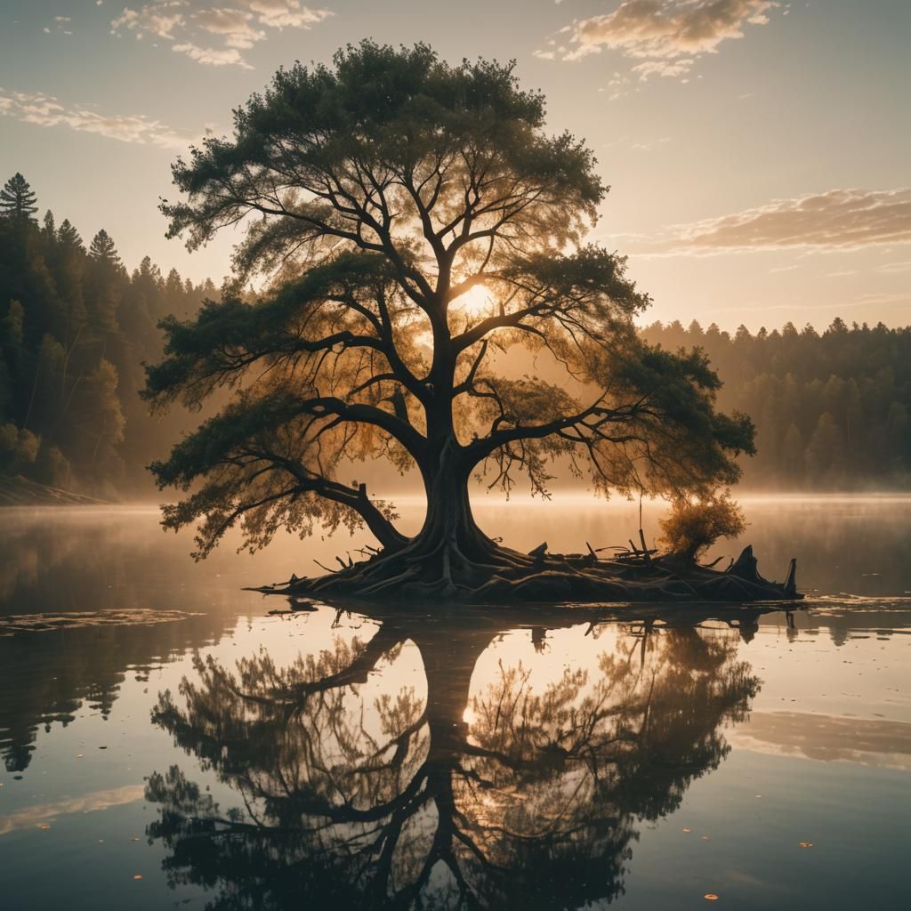 Enchanted Tree Overhangs Lake at Sunset: Cinematic