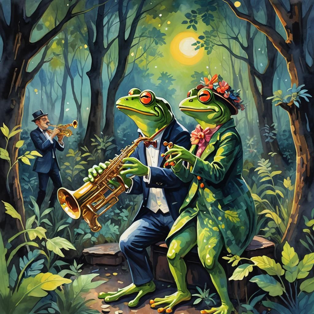 Jazz Frogs in Forest Club, Gouache Impressionism