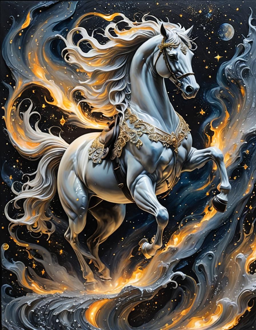 Ethereal Rider on Ghostly Horse in Marbled Night