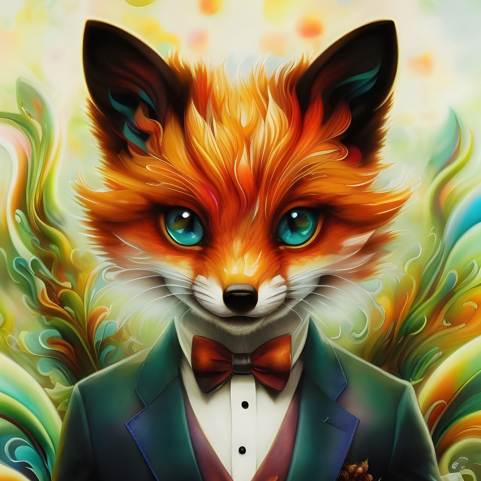 Chibi Fox in Rainbow Explosion: Detailed Digital Art