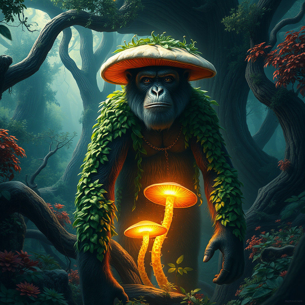 Mushroom Ape in Lush Forest: Fantasy Concept Art