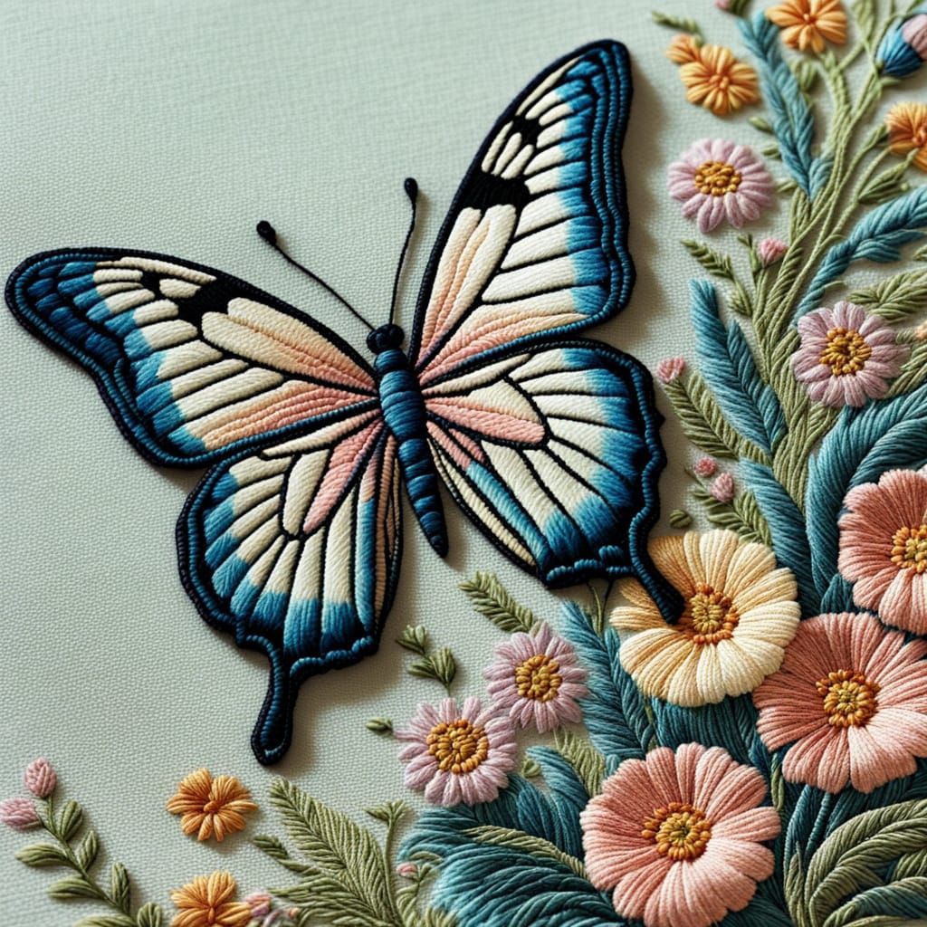 Embroidery Butterfly on Pastel Flowers
