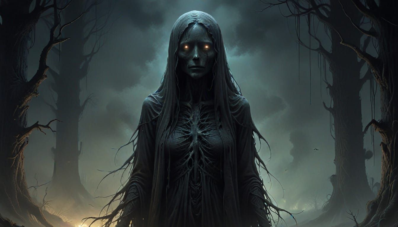 Ethereal Ghost Greets a Dark Enchantress in Cyberpunk Surrea...