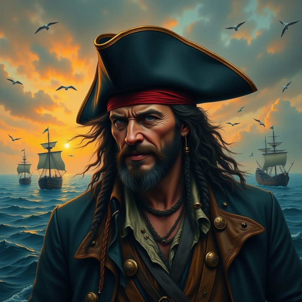 Charismatic Pirate with Tricorn Hat and Braided Hair