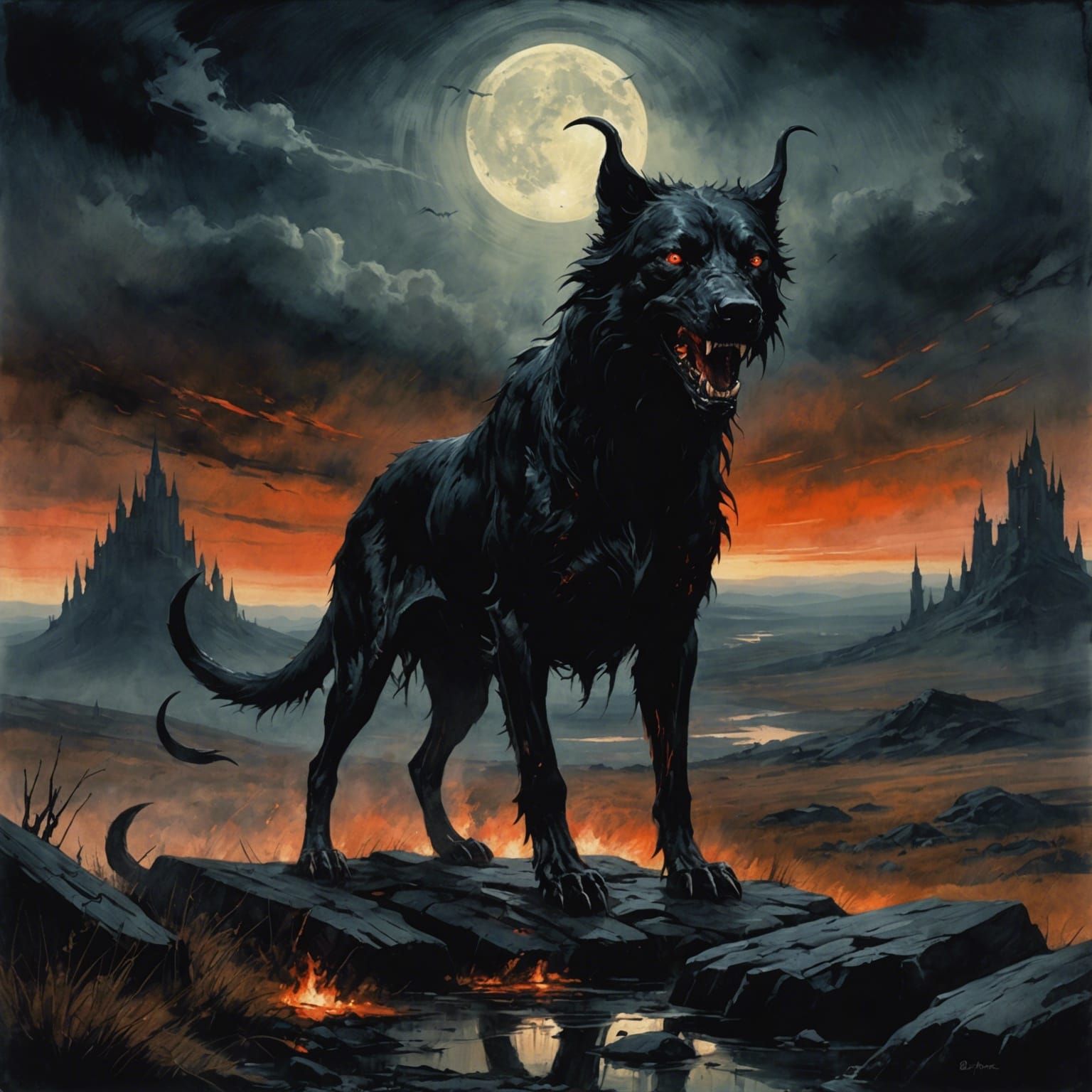 Hellhound on Moonlit Moor in Watercolour Style